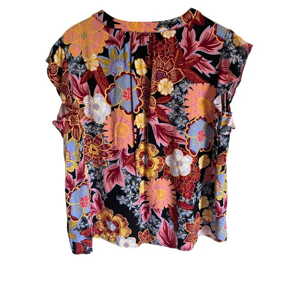 Rachel Roy Black Floral V-Neck Short Sleeve Top Size 1X Rayon - Picture 2 of 6